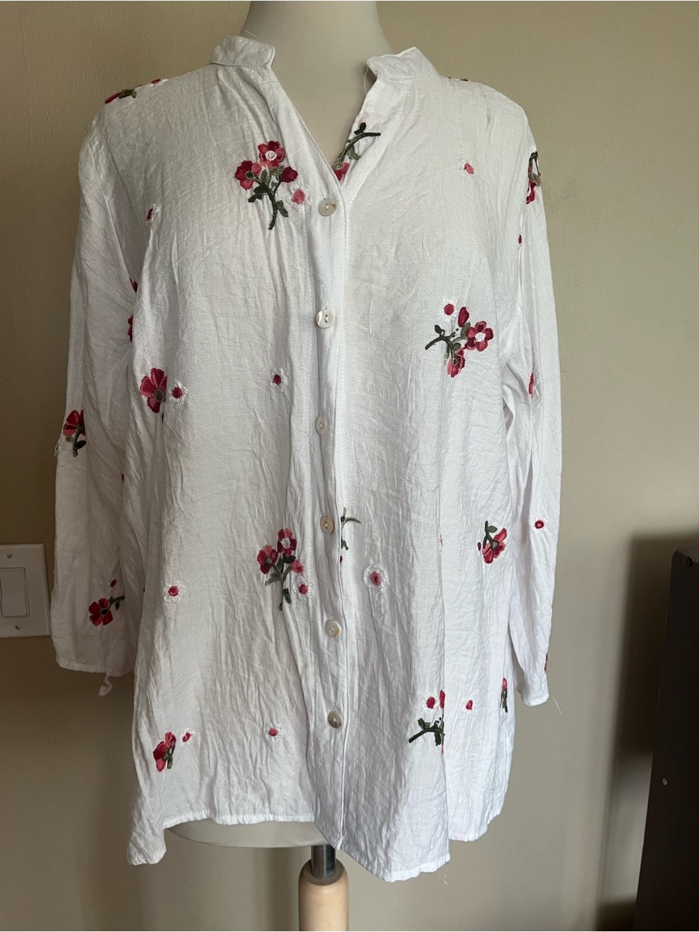 White Button-Down Blouse with Red Floral Embroidery